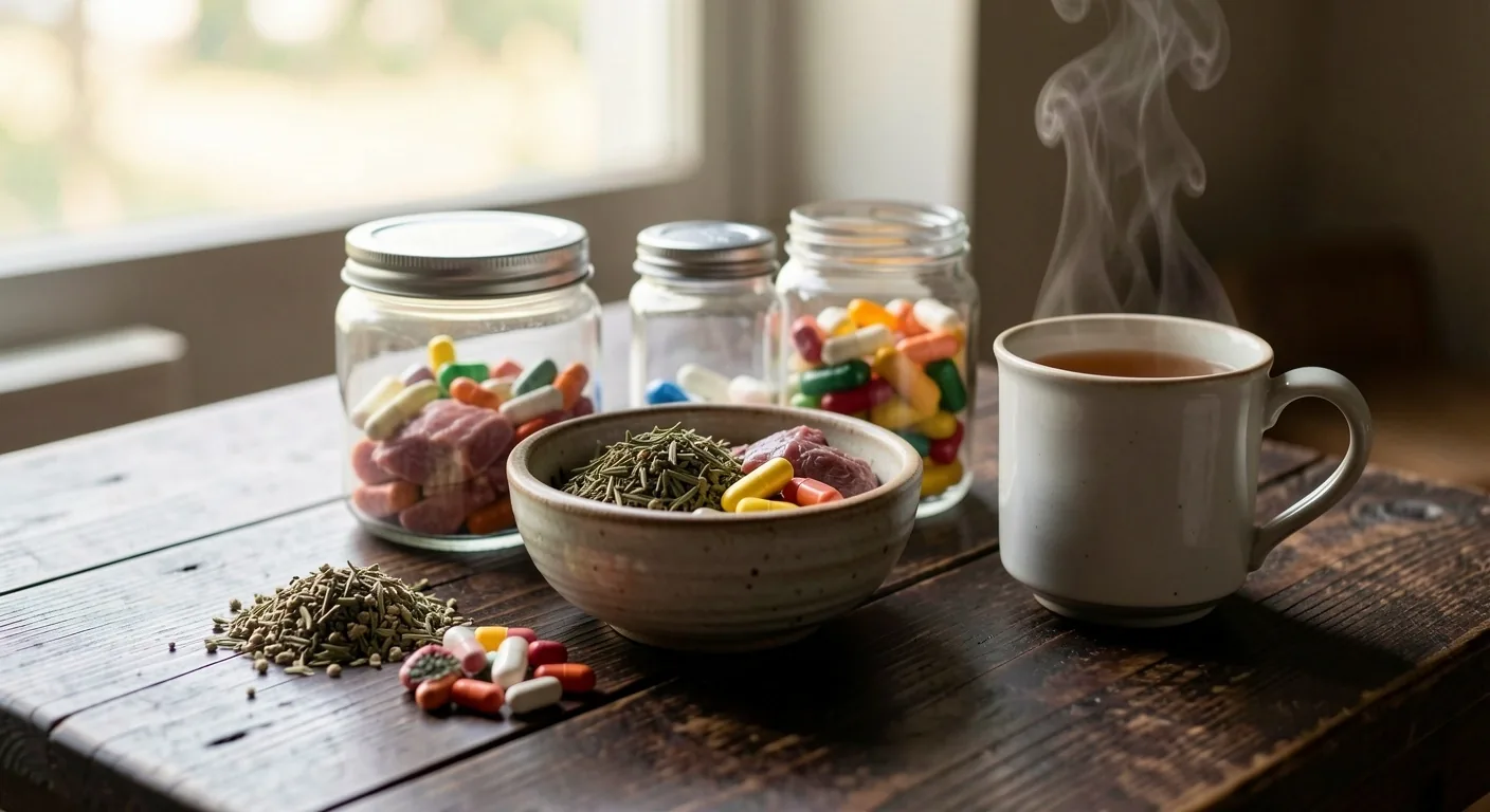 Editorial workspace with natural supplement capsules and research notes