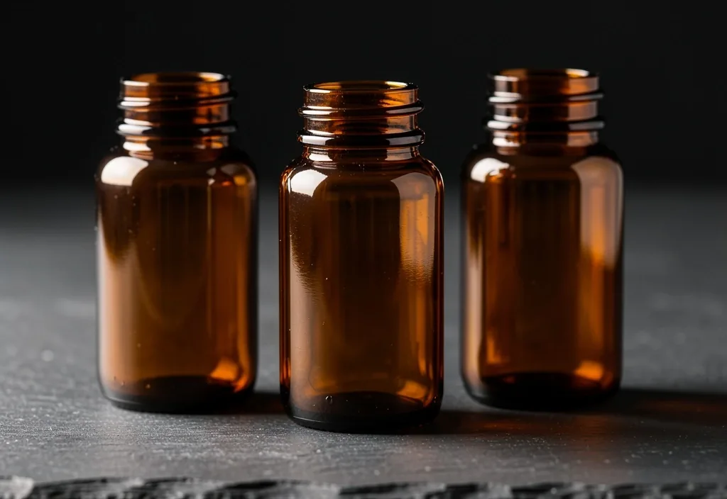 Amber supplement bottles on a dark surface