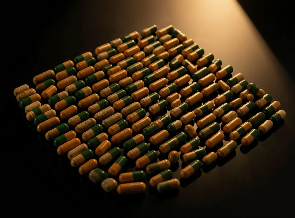 Natural supplement capsules arranged on a dark surface