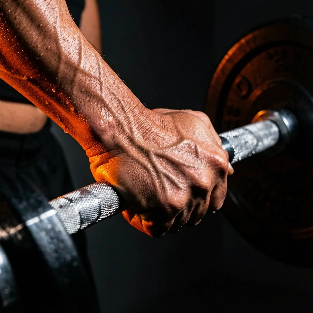 Hands gripping a barbell in low light