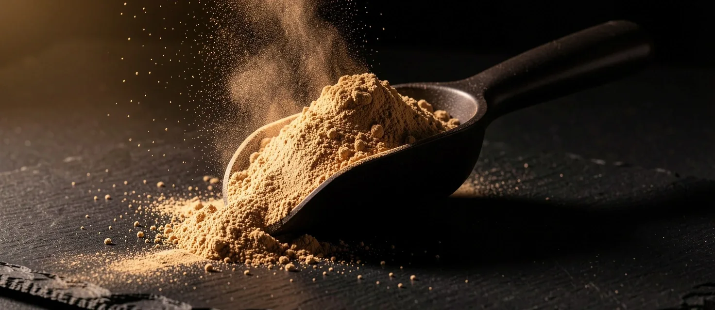 Scoop of protein powder on dark surface