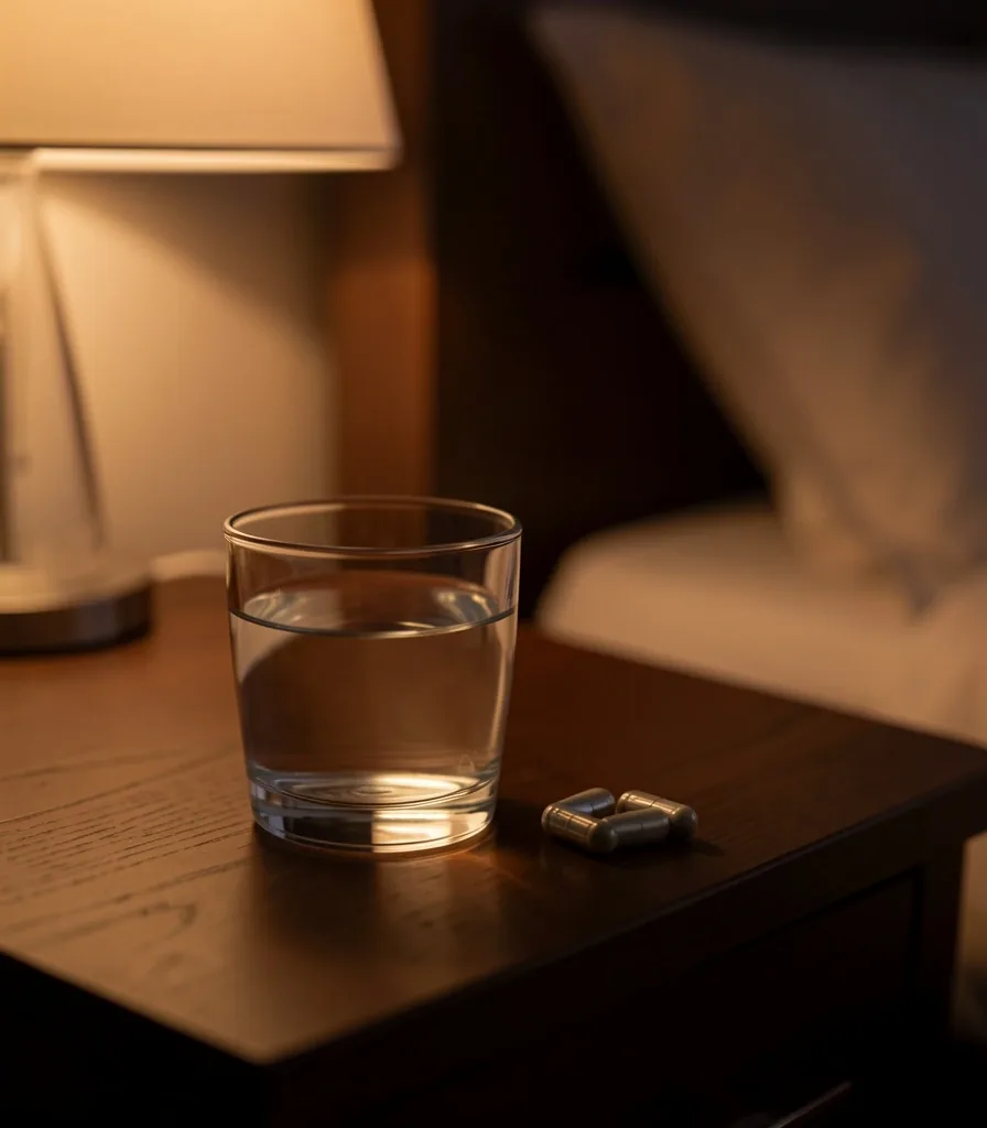 Dark minimalist bedroom with warm bedside lamp