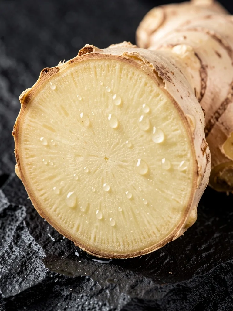 Fresh ginger root sliced on dark slate