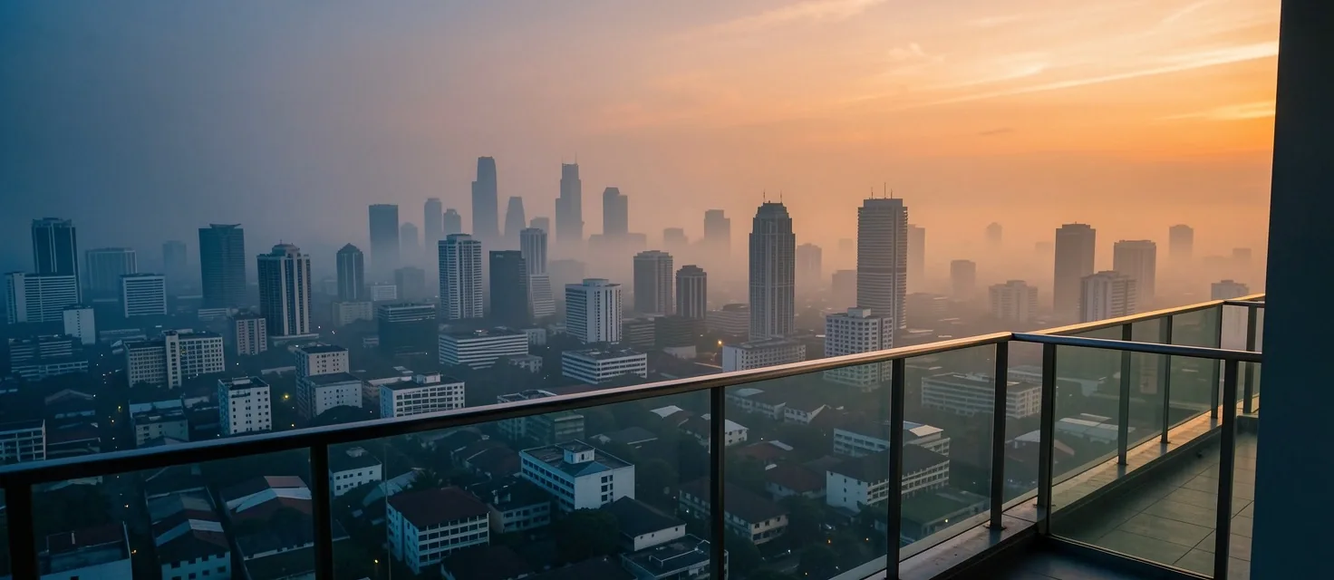 Urban skyline at dusk with atmospheric haze